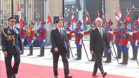 Lễ đón trọng thể Chủ tịch nước Lương Cường thăm chính thức Cộng hòa Peru