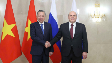 Tổng Bí thư Tô Lâm hội kiến với Thủ tướng Liên bang Nga