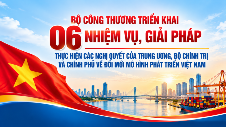 [INFOGRAPHIC] Bộ Công Thương triển khai 06 nhiệm vụ, giải pháp thúc đẩy đổi mới mô hình phát triển Việt Nam trong lĩnh vực công nghiệp, thương mại