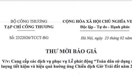 Tạp chí Công Thương mời báo giá cung cấp các dịch vụ phục vụ Lễ phát động “Toàn dân sử dụng năng lượng tiết kiệm và hiệu quả hưởng ứng Chiến dịch Giờ Trái đất năm 2026”