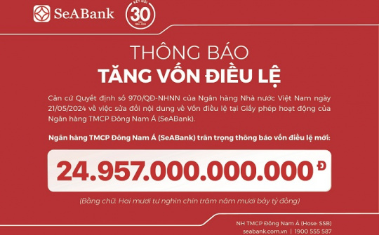SeABank hoàn tất tăng vốn điều lệ lên 24.957 tỷ đồng