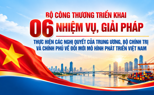 [INFOGRAPHIC] Bộ Công Thương triển khai 06 nhiệm vụ, giải pháp thúc đẩy đổi mới mô hình phát triển Việt Nam trong lĩnh vực công nghiệp, thương mại