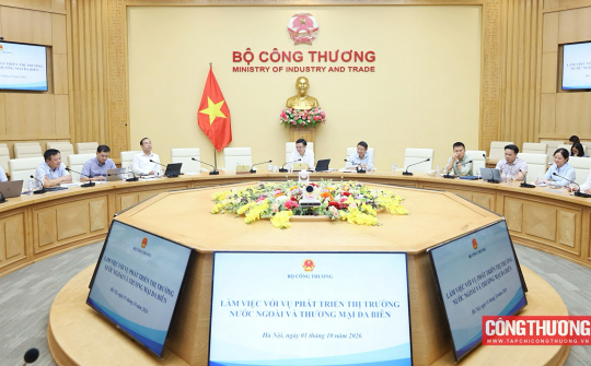 Bộ trưởng Lê Mạnh Hùng làm việc với Vụ Phát triển thị trường nước ngoài và Thương mại đa biên