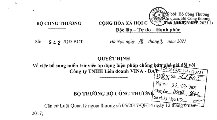 Bộ Công Thương bổ sung miễn trừ việc áp dụng biện pháp chống bán phá giá với Liên doanh Vina-BAT