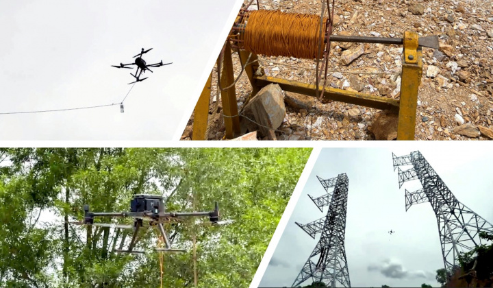 Truyền tải điện Hòa Bình ứng dụng UAV rải cáp mồi phục vụ thi công đường dây 500kV mạch 3