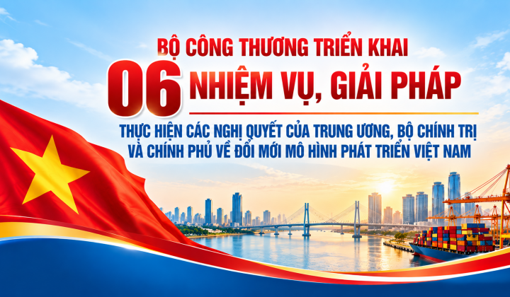 [INFOGRAPHIC] Bộ Công Thương triển khai 06 nhiệm vụ, giải pháp thúc đẩy đổi mới mô hình phát triển Việt Nam trong lĩnh vực công nghiệp, thương mại