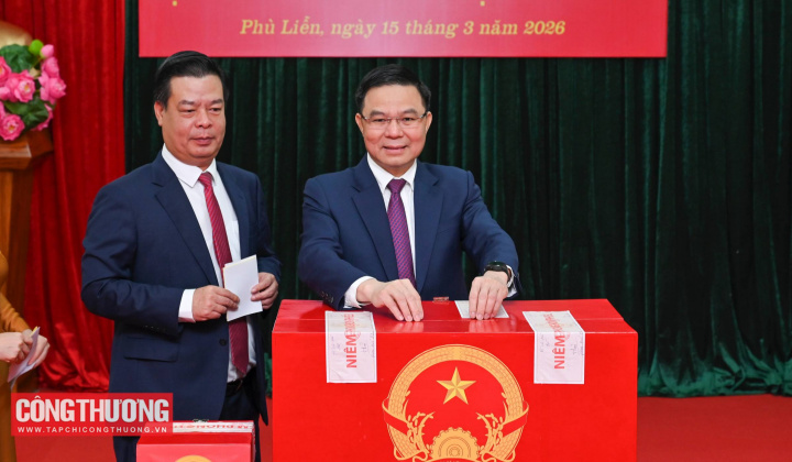 Quyền Bộ trưởng Bộ Công Thương Lê Mạnh Hùng tham gia bỏ phiếu bầu đại biểu Quốc hội khóa XVI và Hội đồng nhân dân các cấp tại TP. Hải Phòng