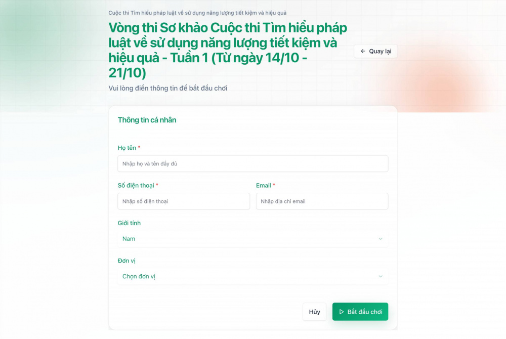 Người tham gia thi khai báo đầy đủ, chính xác thông tin cá nhân trước khi bắt đầu trả lời các câu hỏi trực tuyến