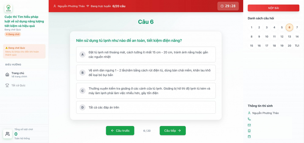 Các câu hỏi được thiết kế dễ hiểu, cung cấp kiến thức cơ bản về pháp luật sử dụng năng lượng tiết kiệm và hiệu quả cũng như các giải pháp tiết kiệm năng lượng có thể ứng dụng trong đời sống