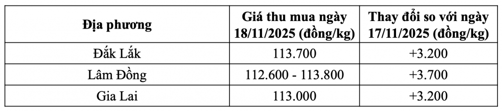 Tham khảo giá cà phê hôm nay ngày 18/11/2025 tại thị trường trong nước (Nguồn: Tạp chí Công Thương tổng hợp)