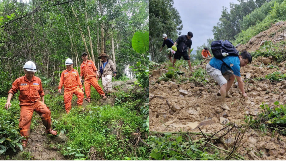 Lực lượng trực tiếp sản xuất của Công ty băng qua các điểm sạt lở để tiếp cận các nhà máy.