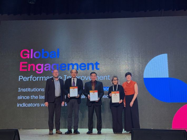 TS. Phan Hồng Hải - Hiệu trưởng Nhà trường (đứng giữa) đã vinh dự nhận thưởng “Global Engagement - Performance Improvement” (Hội nhập toàn cầu - Cải tiến hiệu quả) tại Hội nghị Thượng đỉnh Giáo dục Đại học QS Châu Á- Thái Bình Dương tại Seoul, Hàn Quốc vào chiều ngày 4/11/2025