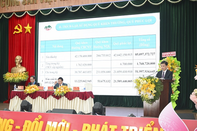  Nguyễn Văn Phòng – Phó Giám đốc Công ty Nhôm Lâm Đồng – TKV trình bày báo cáo về tình hình thực hiện chế độ, chính sách; trích lập