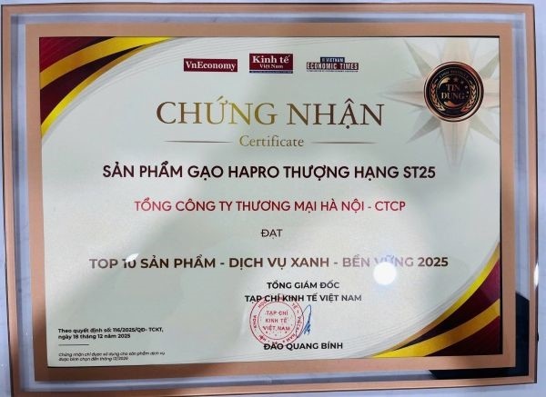 Chứng nhận sản phẩm Gạo Thượng hạng ST25 của Hapro đạt TOP 10 “Sản phẩm - Dịch vụ Xanh - Bền vững 2025”.