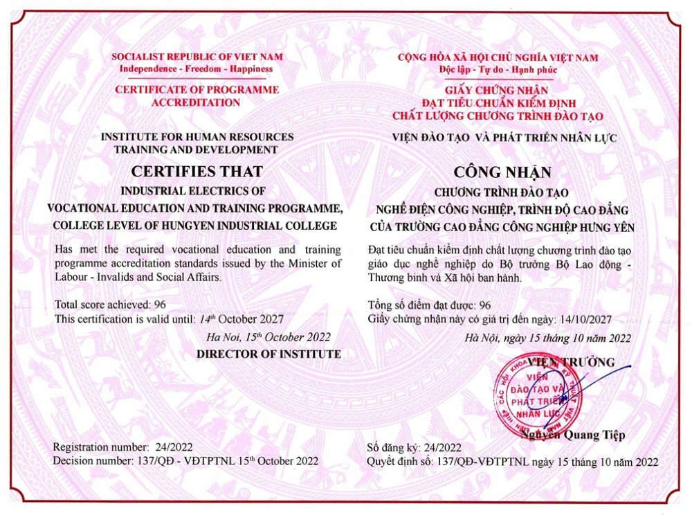 Trường Cao đẳng Công nghiệp Hưng Yên được công nhận đạt tiêu chuẩn chất lượng cơ sở giáo dục nghề nghiệp, tạo nền tảng nâng cao uy tín và chất lượng đào tạo.