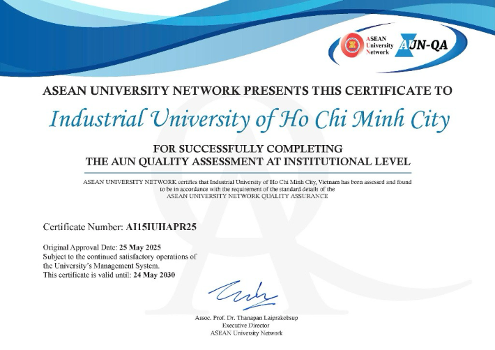 Trường đại học Công nghiệp TP.HCM đã chính thức đạt chuẩn kiểm định chất lượng cấp cơ sở giáo dục theo Bộ tiêu chuẩn AUN-QA phiên bản 3.0.