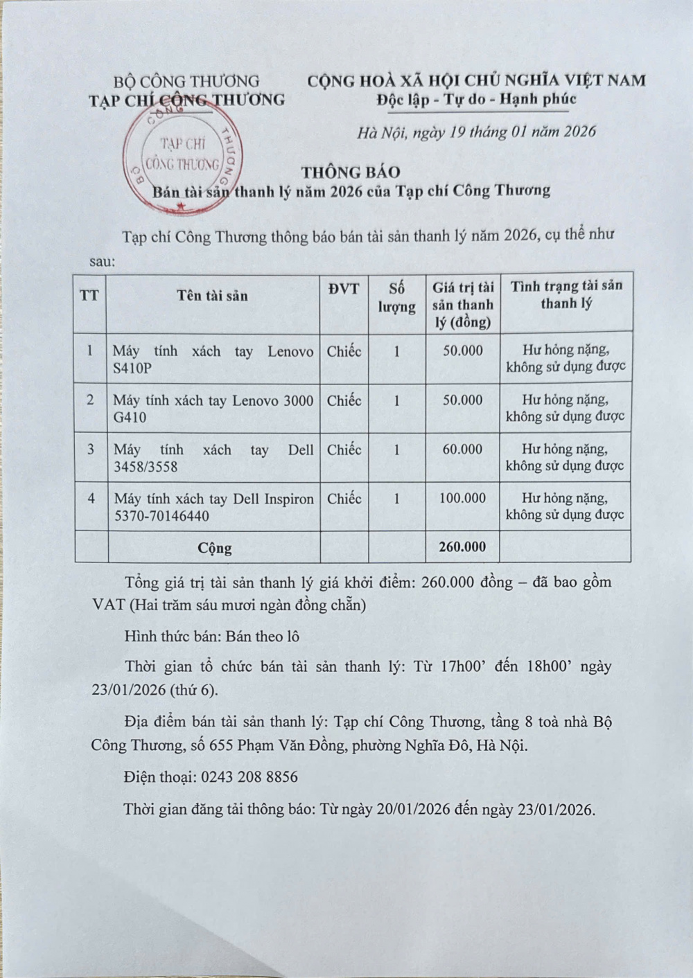 Bán tài sản thanh lý năm 2026 của Tạp chí Công Thương