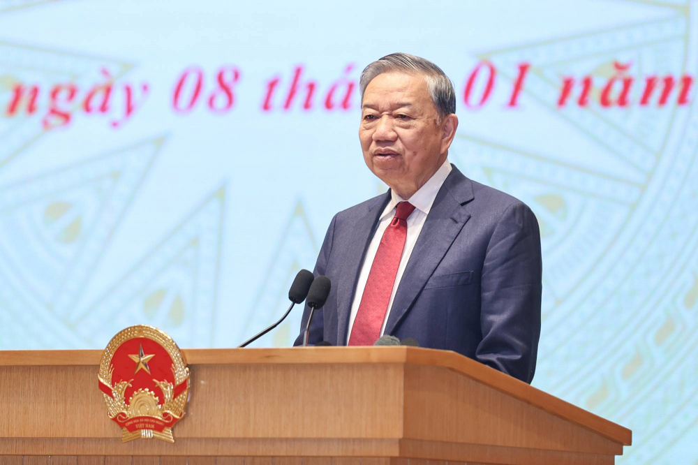 Tổng Bí thư Tô Lâm phát biểu chỉ đạo Hội nghị tổng kết công tác năm 2025, triển khai công tác năm 2026 của Chính phủ và chính quyền địa phương - Ảnh VGP/Nhật Bắc