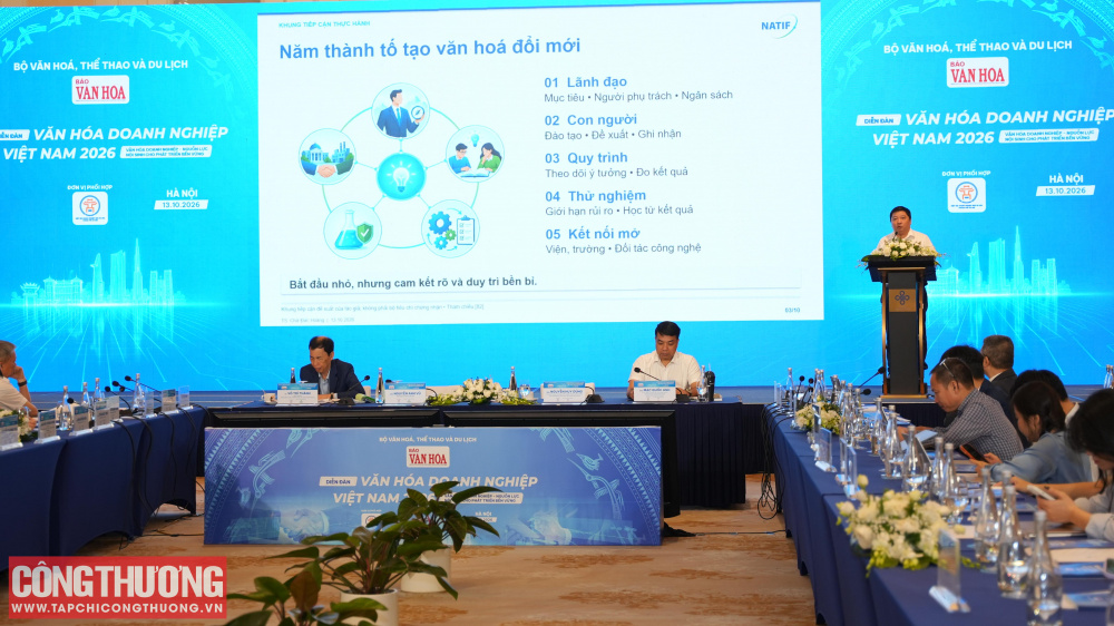 TS. Chử Đức Hoàng - Chánh Văn phòng Quỹ Đổi mới công nghệ quốc gia (Bộ Khoa học và Công nghệ) phát biểu tại Diễn đàn Văn hóa Doanh nghiệp Việt Nam 2026 về các cơ chế hỗ trợ tài chính thúc đẩy nghiên cứu, thử nghiệm và ứng dụng khoa học công nghệ trong doanh nghiệp.