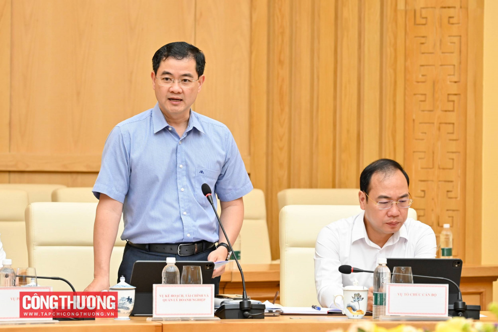 Vụ trưởng Vụ Kế hoạch, Tài chính và Quản lý doanh nghiệp Bùi Huy Sơn trình bày báo cáo tại Hội nghị