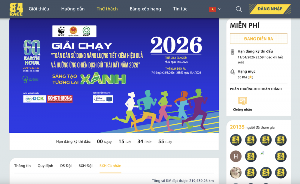 Tính đến sáng ngày 11/4, Giải chạy trực tuyến hưởng ứng “Toàn dân sử dụng năng lượng tiết kiệm hiệu quả và hưởng ứng Chiến dịch Giờ Trái đất năm 2026”  đã thu hút hơn 20.000 người tham gia.