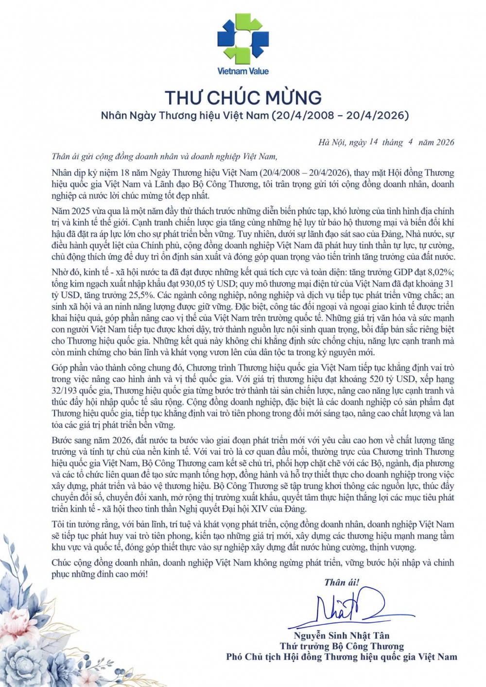 Thứ trưởng Bộ Công Thương Nguyễn Sinh Nhật Tân gửi thư chúc mừng