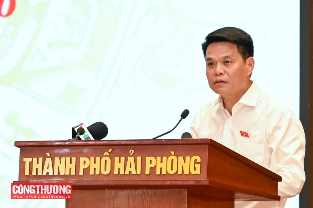Bí thư Thành ủy Hải Phòng, Trưởng Đoàn đại biểu Quốc hội Hải Phòng Lê Ngọc Châu phát biểu tại Hội nghị
