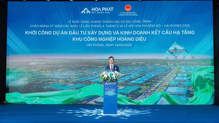 Ông Trần Kiên Cường, Giám đốc Công ty CP Xây dựng và phát triển đô thị Hòa Phát kiêm Giám đốc Công ty CP Phát triển Hạ tầng KCN Hoàng Diệu phát biểu tại sự kiện 