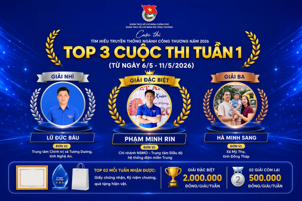 Top 3 thí sinh đạt thành tích cao nhất Tuần 1 Cuộc thi “Tìm hiểu truyền thống ngành Công Thương năm 2026”.