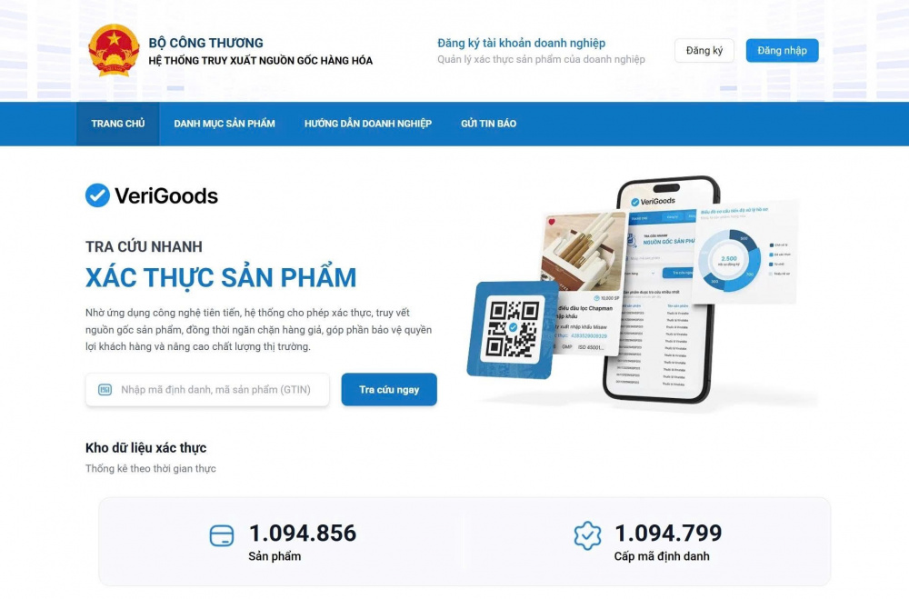 Giao diện của Hệ thống truy xuất nguồn gốc hàng hóa tại Verigoods.vn