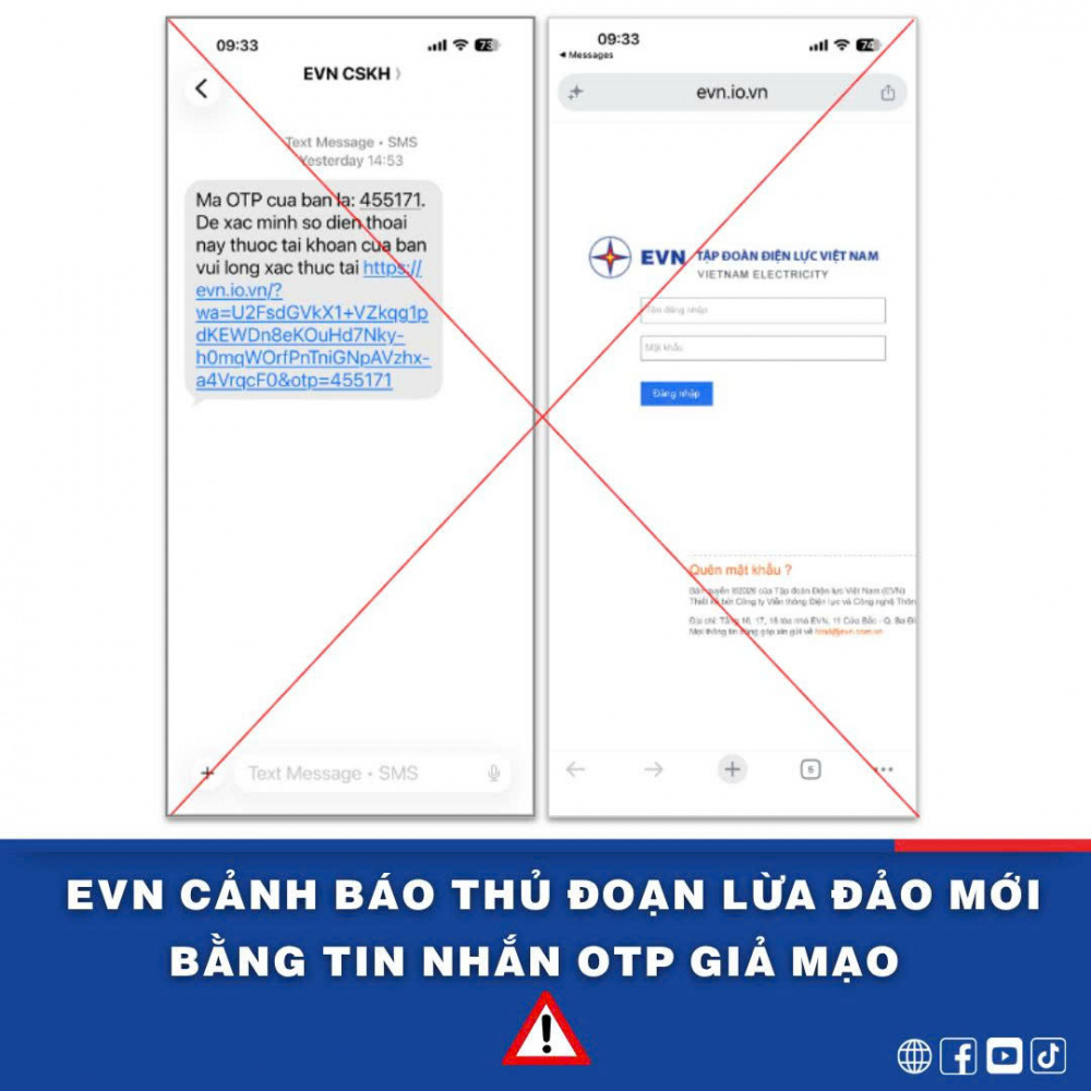 EVN cảnh báo thủ đoạn OTP giả mạo đánh cắp thông tin khách hàng