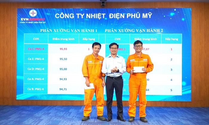 Ông Trần Đình Ân - Phó Tổng Giám đốc Tổng Công ty Phát điện 3 - Giám đốc Công ty    khen thưởng 02 Ca vận hành có thành tích nổi bật thi đua Ca ATKT trong 7 tháng đầu năm 2026