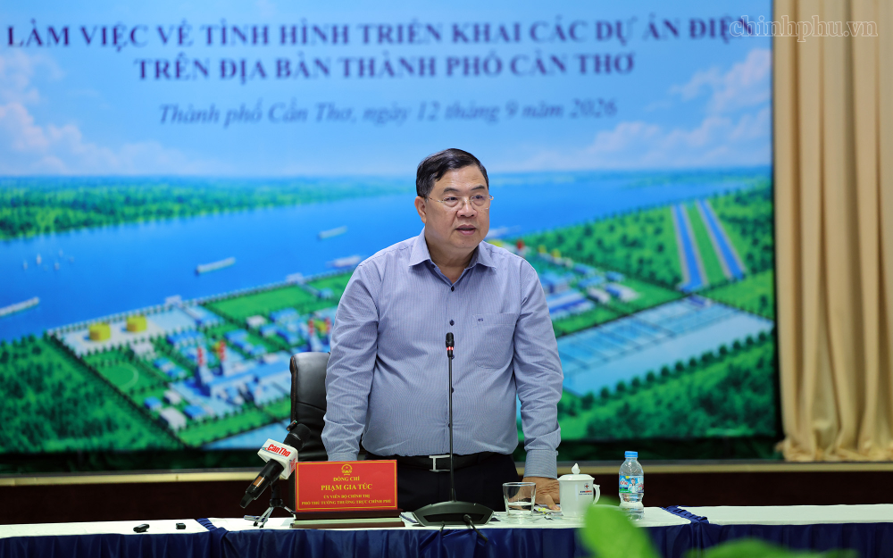 Phó Thủ tướng Thường trực Phạm Gia Túc phát biểu chỉ đạo tại cuộc làm việc về tình hình triển khai các dự án điện trên địa bàn thành phố Cần Thơ - Ảnh: chinhphu.vn/Phương Nguyên