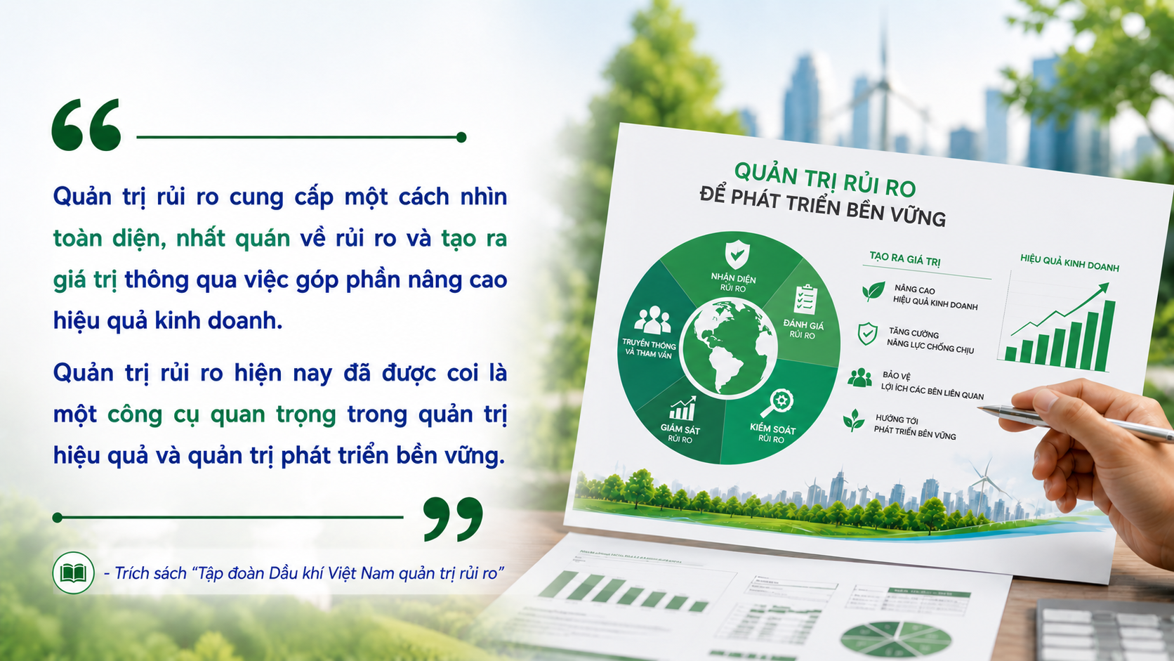 Quote 1: Quản trị rủi ro cung cấp một cách nhìn toàn diện, nhất quán về rủi ro và tạo ra giá trị thông qua việc góp phần nâng cao hiệu quả kinh doanh. Quản trị rủi ro hiện nay đã được coi là một công cụ quan trọng trong quản trị hiệu quả và quản trị phát triển bền vững. - Trích sách “Tập đoàn Dầu khí Việt Nam quản trị rủi ro”