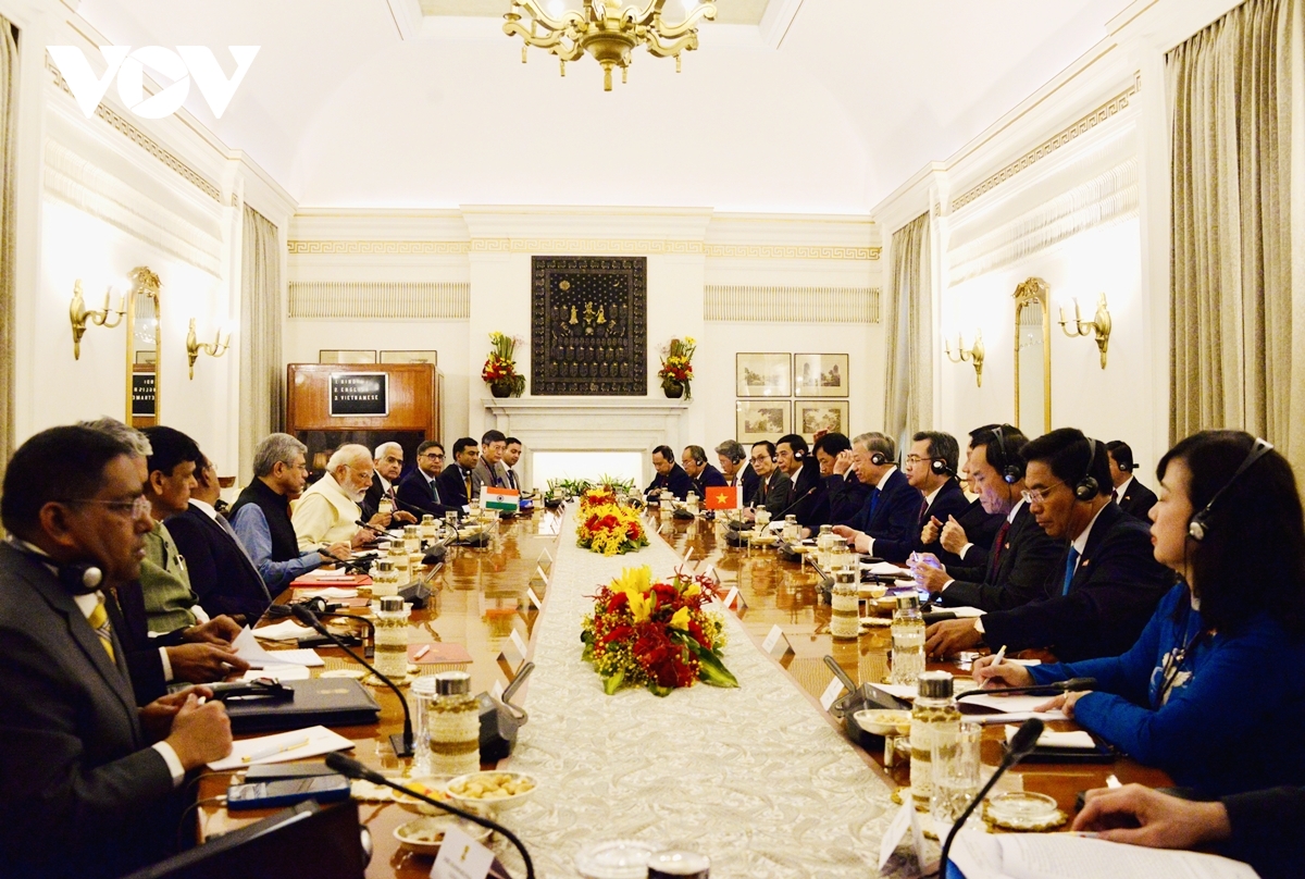 Tổng Bí thư, Chủ tịch nước Tô Lâm hội đàm với Thủ tướng Ấn Độ Narendra Modi, Bộ trưởng Bộ Công Thương Lê Mạnh Hùng tham dự hội đàm - Ảnh: VOV